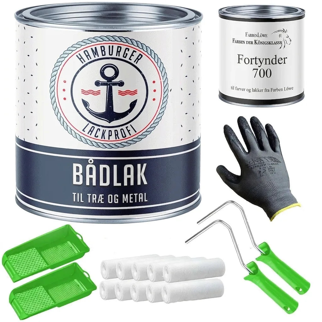 Komplet sæt til bådmaling: lak, fortynder, handsker, malerruller og bakker.
