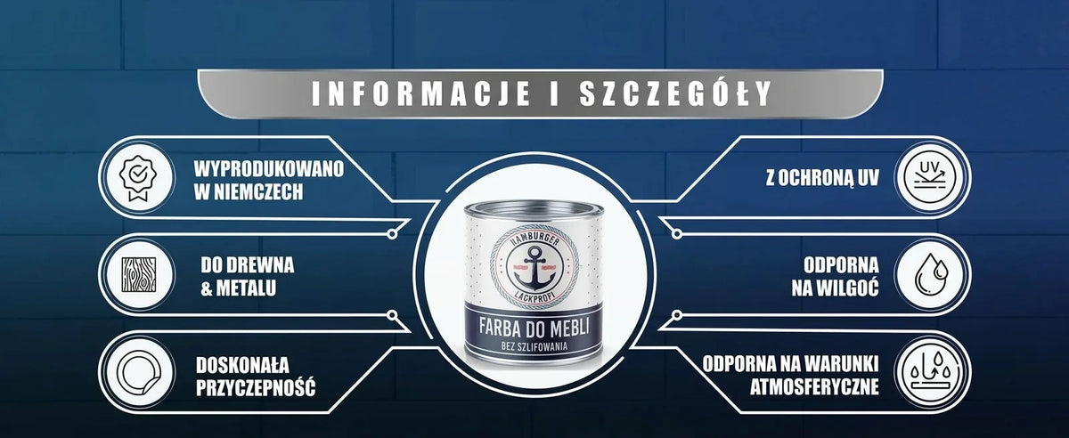 Informacje o farbie do mebli Hamburger Lack-Profi: Made in Germany, do drewna/metalu, odporna na UV, wilgoć i pogodę.