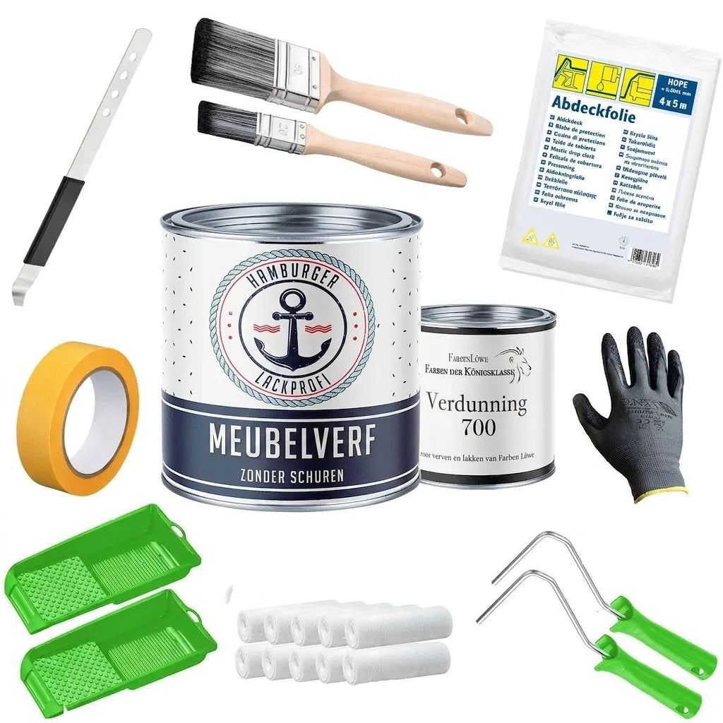 Set schildersbenodigdheden: meubelverf, verdunner, kwasten, rollers, afplaktape, beschermfolie, handschoenen.