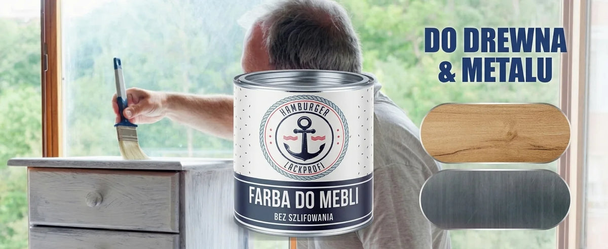 Mężczyzna maluje komodę farbą do mebli bez szlifowania. Produkt Hamburger Lack-Profi do drewna i metalu.